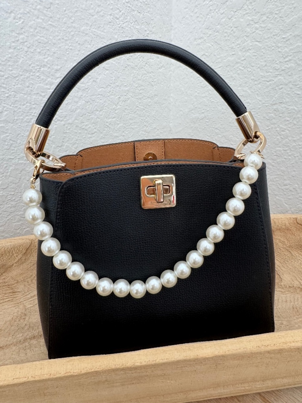 Kate Spade Black Bucket Style Bag Pearl Charm Detail Like New
